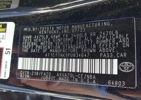 2023 Toyota Camry Le from USA, damaged, VIN 4T1C11AK1PU834647